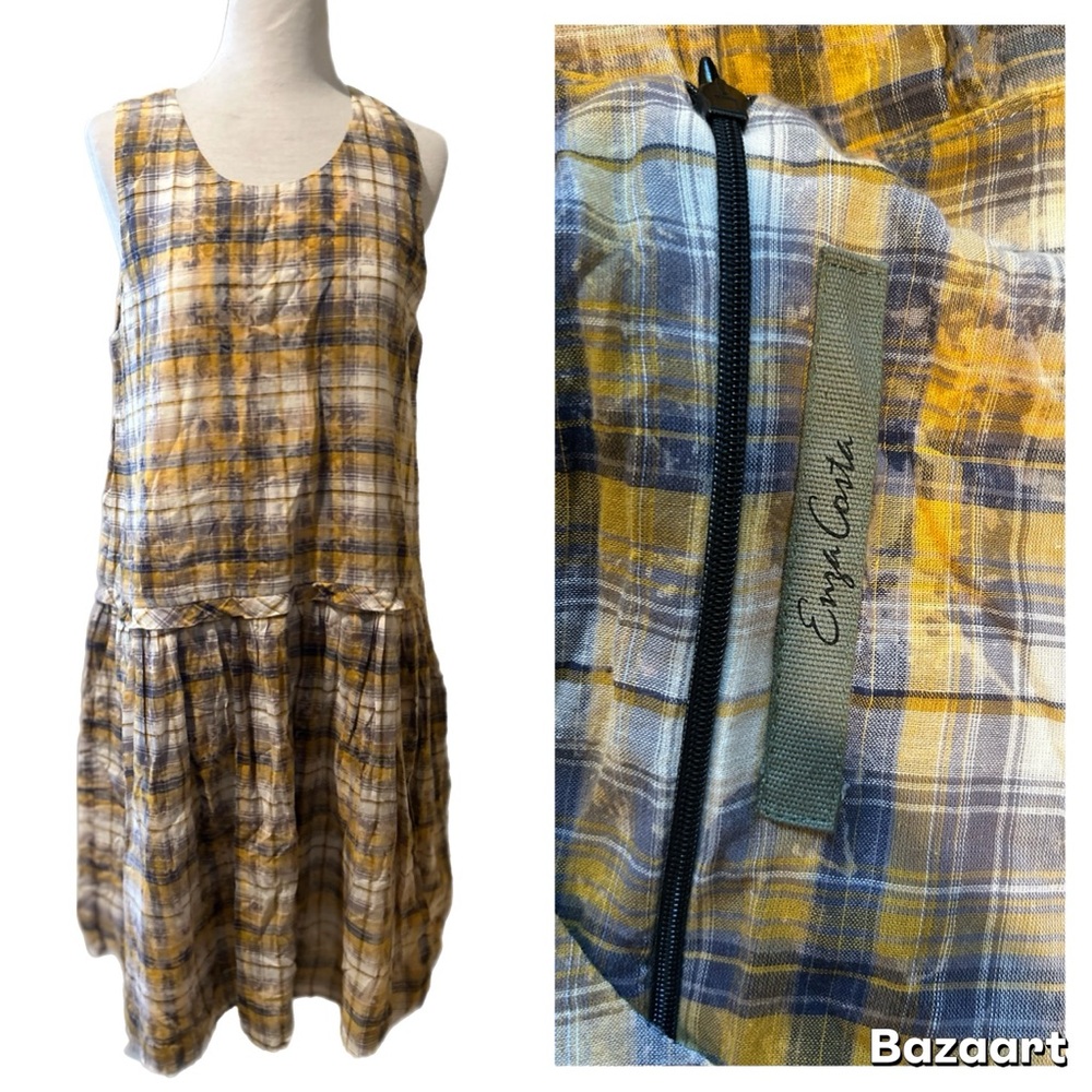 ENZA COSTA Yellow Plaid Bleach Spot Mini Dress
